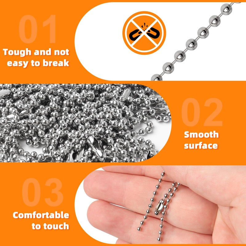 Hapy Shop 200 pcs 100 mm Long Bead Connector Clasp Ball Chains Keychain Tag Keychain Ball Chain 2.4 mm Diameter Adjustable Antiqued Metal Bead Steel Chain - Image 3